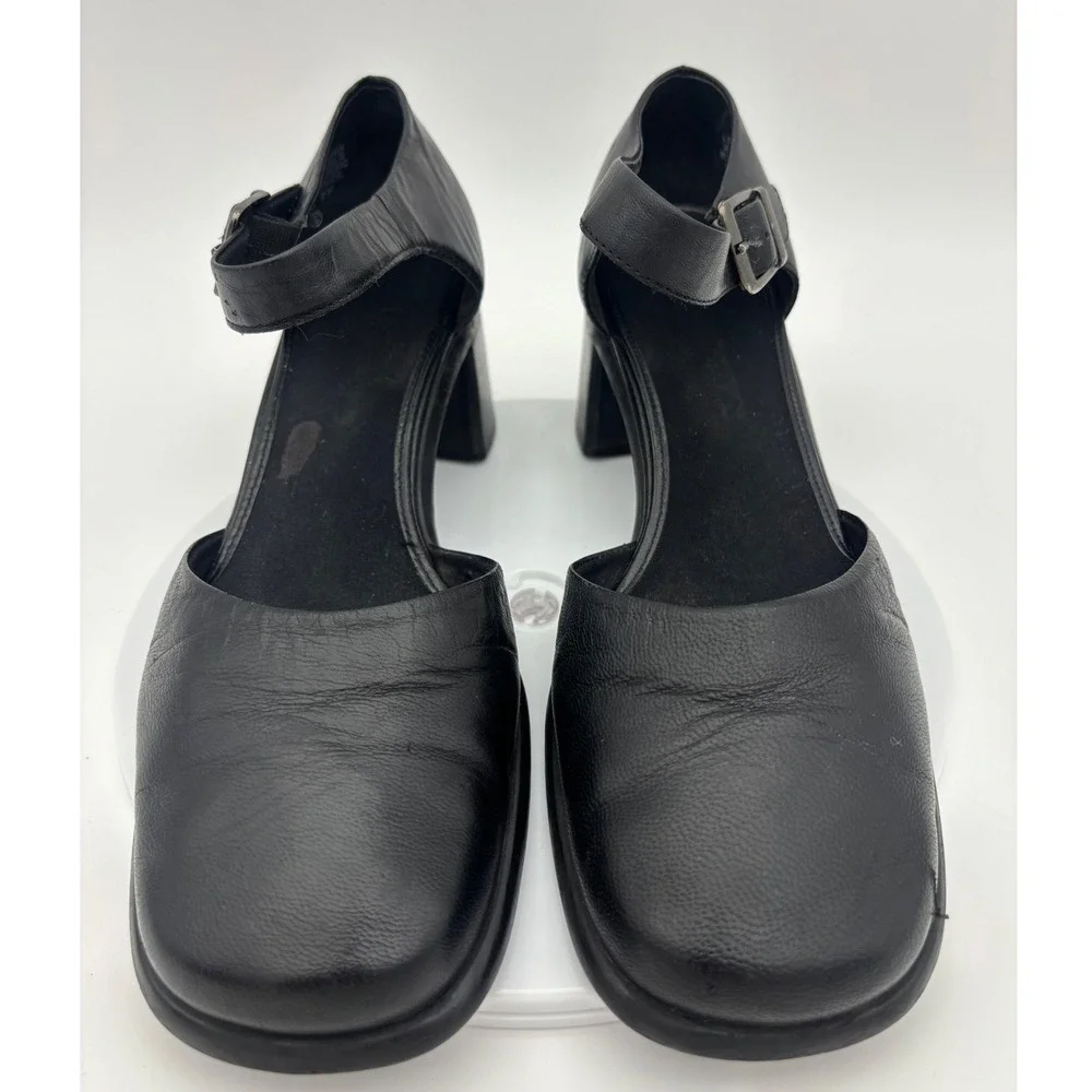 VINTAGE BLACK MARY‎ JANE Leather Shoe Y2K Chunky Block Heel Womens Square Ankle